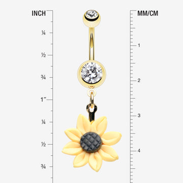 Detail View 1 of Golden Sunflower Blossom Belly Button Ring-Clear Gem